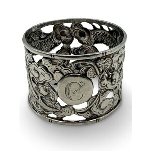 Antique Chinese Export Silver Pierced Dragon Koi Napkin Ring Monogram C 1910s